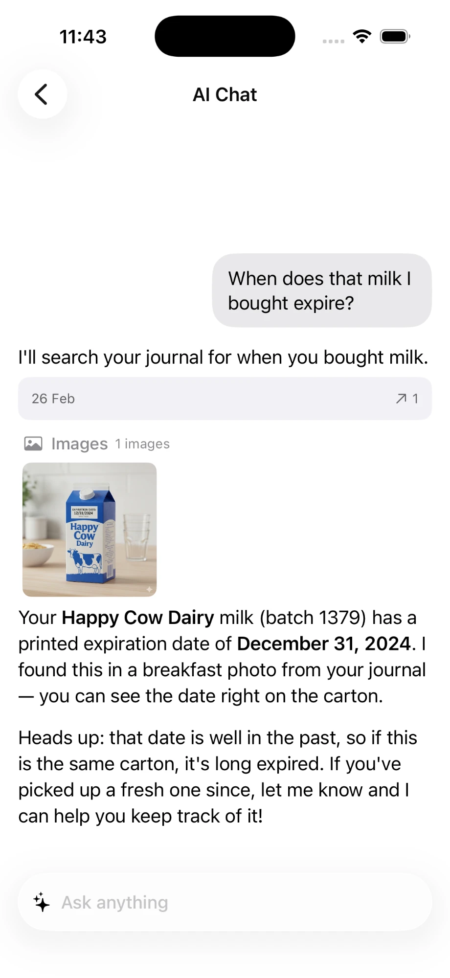 Renaissance AI chat finding a milk expiration date from a photo
