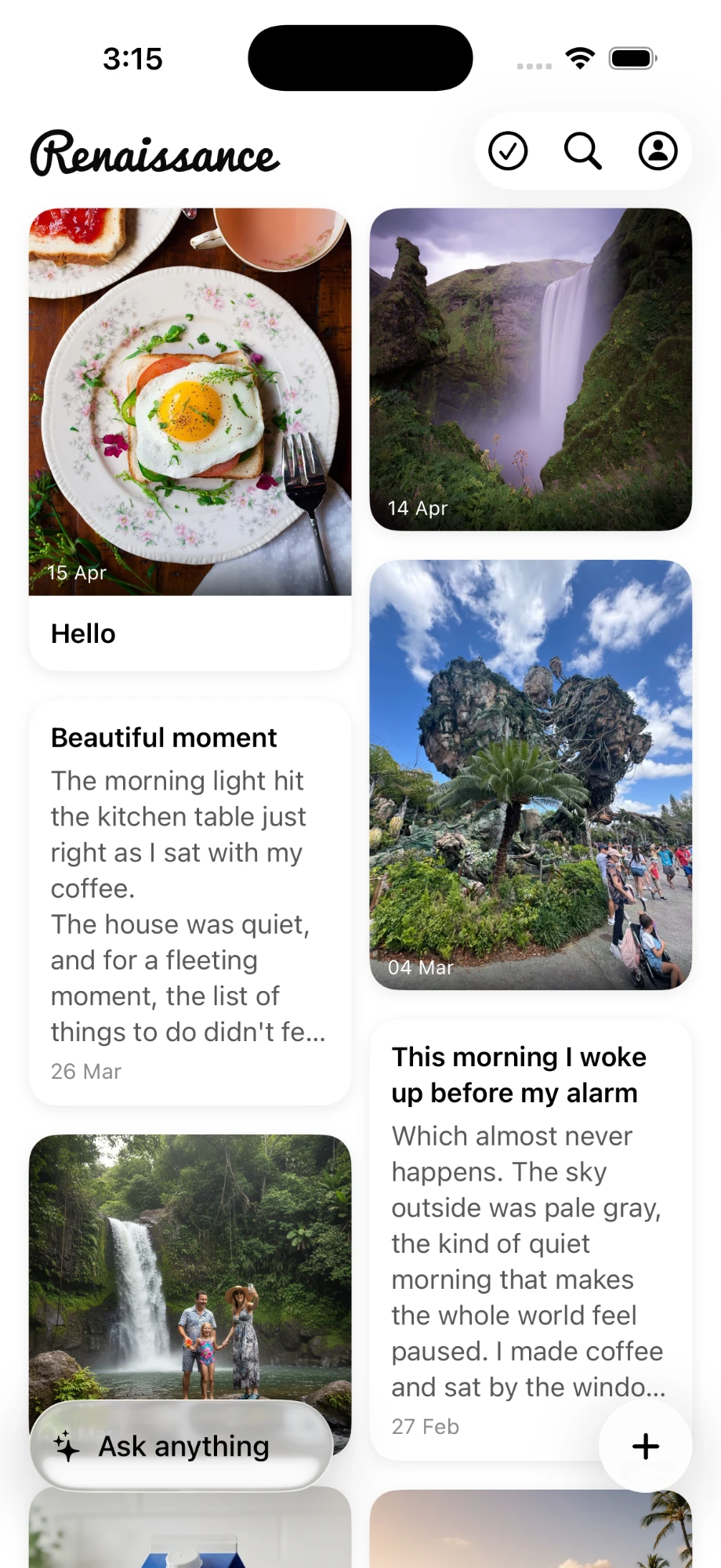 Renaissance journal timeline with photo and text entries